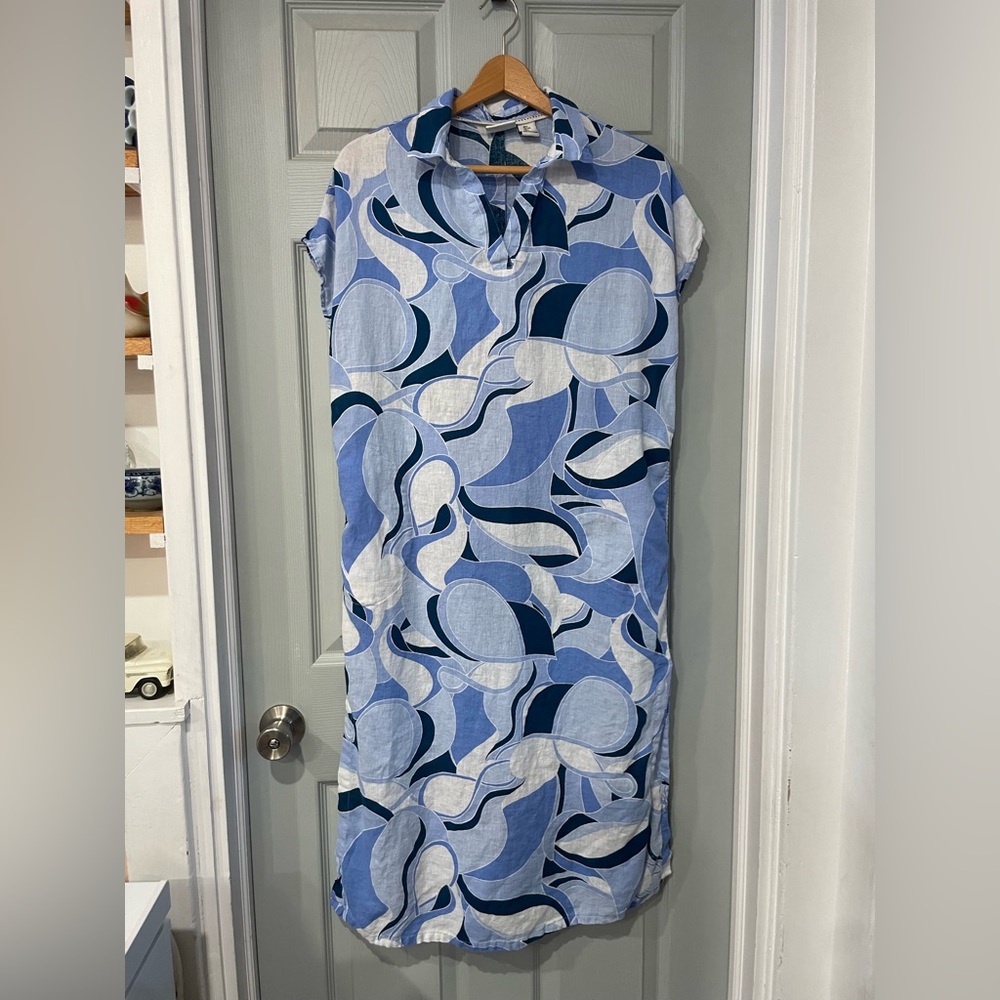 Rachel Zoe Women's L Linen Rayon Blue Sleeveless Collared Pockets Shift Dress